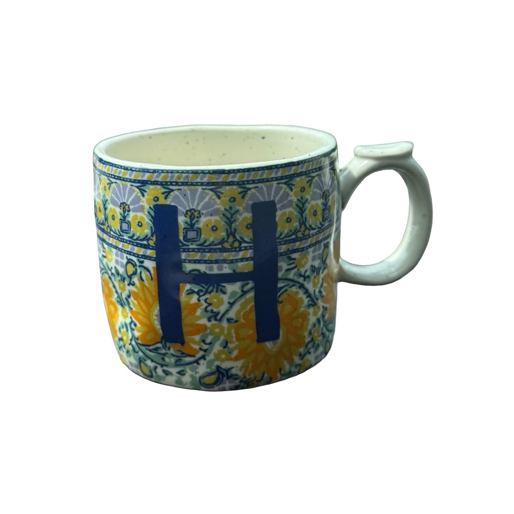 Anthropologie Monogram Letter H Floral Coffee Mug Blue Yellow Speckled Stoneware